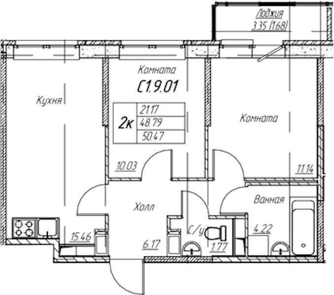 2-комнатная квартира 50.47 м², 9/22 эт., ЖК «Парк-квартал Юнтолово»